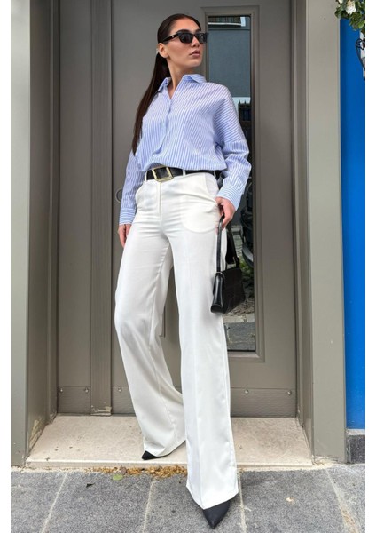 Beyaz Yüksek Bel Kumaş Pantolon MG2285 fırsatları