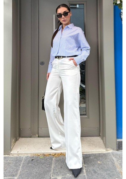 Beyaz Yüksek Bel Kumaş Pantolon MG2285 indirimleri