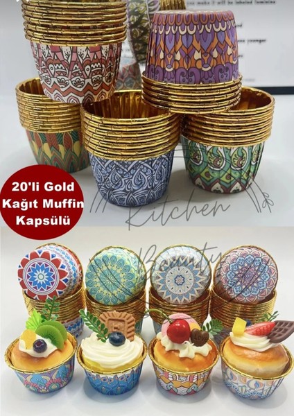 Airfryer Uyumlu Gold Desenli Muffin Kek ve Sufle Renkli Cupcake Pişirme Kapsülü 20 Adet modelleri