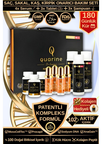 Quarine 6 Aylık Premium Çanta Set (4 Serum+3 Tablet+3 Şampuan) Dökülmelere Karşı Bitkisel Kök Hücre Ekstratları, Vitamin ve Mineral İçeren Onarıcı Tırnak ve Saç Bakım Seti