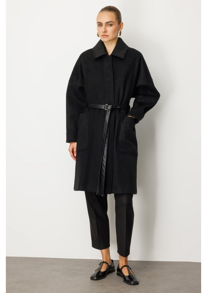 Kadın Deri Kemerli Torba Cepli Kaban 6045 Siyah