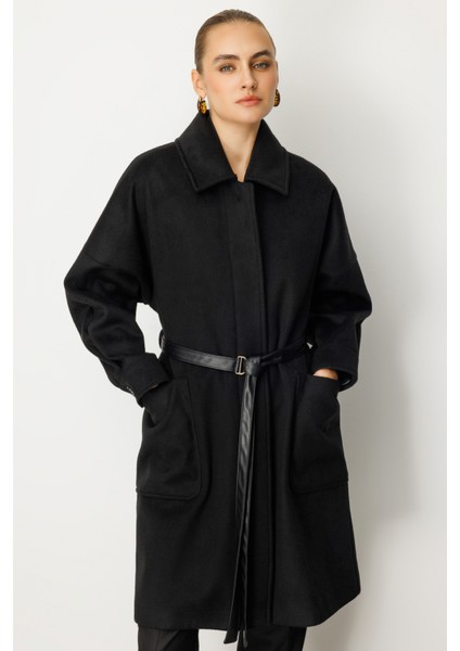 Kadın Deri Kemerli Torba Cepli Kaban 6045 Siyah fiyatları