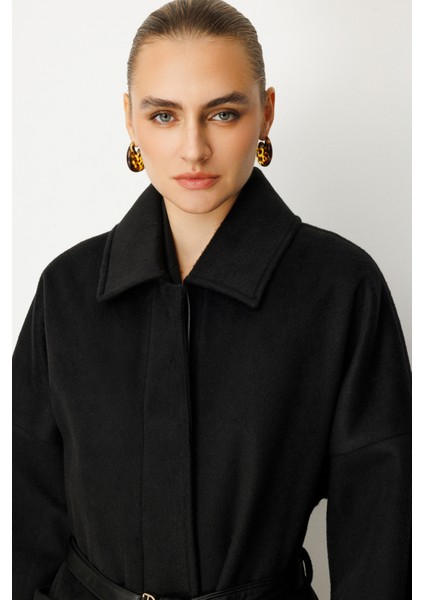 Kadın Deri Kemerli Torba Cepli Kaban 6045 Siyah modelleri