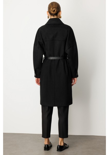 Kadın Deri Kemerli Torba Cepli Kaban 6045 Siyah fırsatları