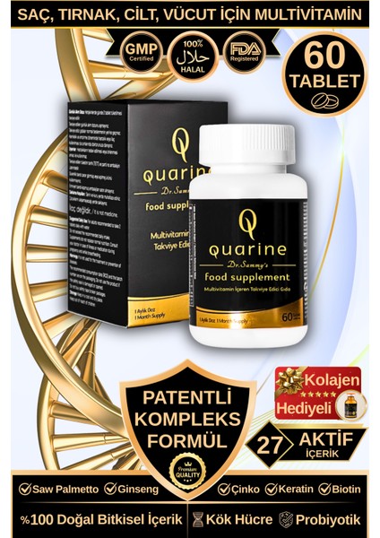 Quarine Saç, Tırnak, Cilt ve Vücut Vitamini (60 Tablet) Dökülme ve Yıpranma Karşıtı Keratin, Biotin, Bitkisel Kök Hücre Extratları,Ginseng ve Multivitamin İçeren Diyet Takviyesi