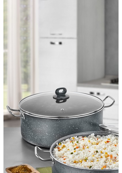 Megatron Döküm Granit Derin Pilav Tencere Kapaklı 32 cm Gri