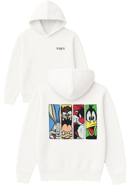 Çeşitli Karakterler Tasarım Baskılı Oversize Beyaz Kapüşonlu Sweatshirt
