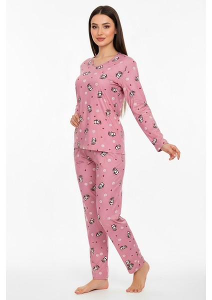 Bisiklet Yaka Süet Pijama Takımı 6008 Penguen Pembe