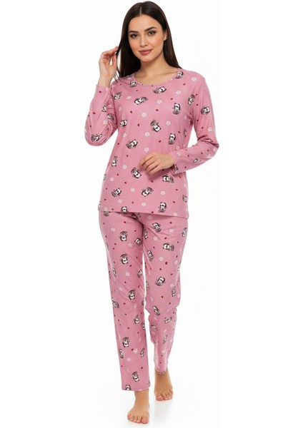 Bisiklet Yaka Süet Pijama Takımı 6008 Penguen Pembe modelleri