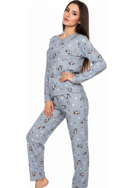 Bisiklet Yaka Süet Pijama Takımı 6009 Penguen Mavi modelleri