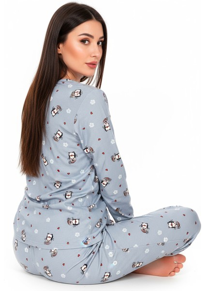 Bisiklet Yaka Süet Pijama Takımı 6009 Penguen Mavi indirimleri