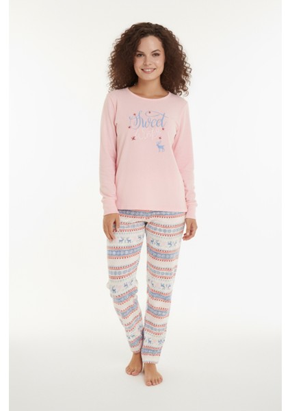 Luxury Thermal Sweet Winter Geyik Desenli Kadın Polar Kışlık Pijama Takımı – 42054