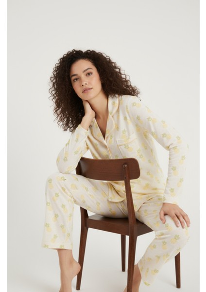 Luxury Viscose Ananas Desenli Kadın Uzun Kollu Pijama Takımı – 42571