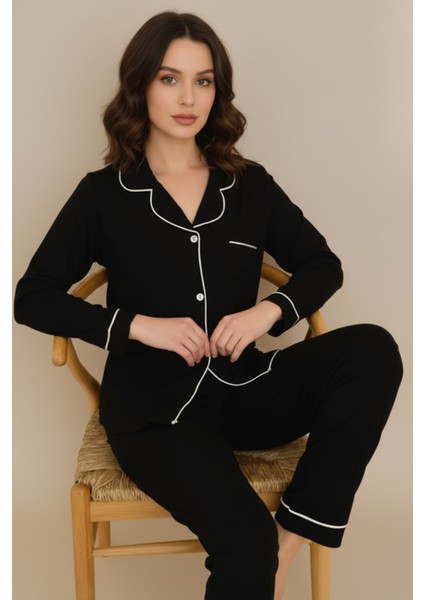 Luxury Viscose Siyah Beyaz Biyeli Kadın Uzun Kollu Pijama Takımı – 42586
