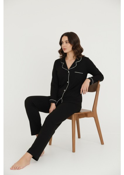 Luxury Viscose Siyah Beyaz Biyeli Kadın Uzun Kollu Pijama Takımı – 42586 modelleri