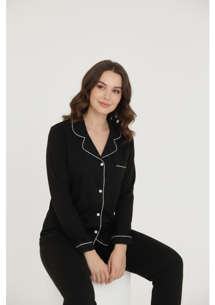 Luxury Viscose Siyah Beyaz Biyeli Kadın Uzun Kollu Pijama Takımı – 42586 fırsatları