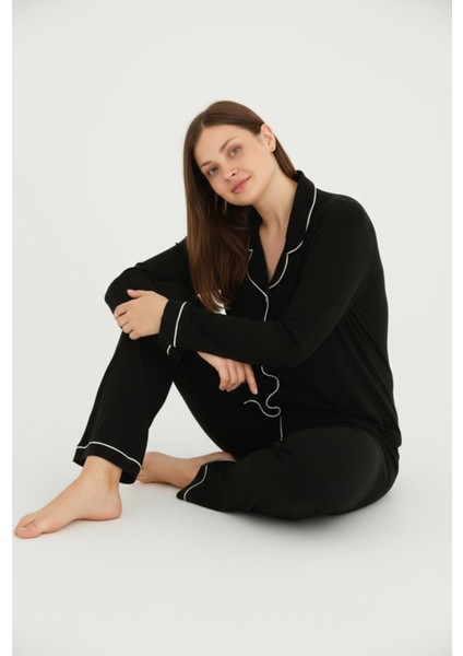 Luxury Viscose Siyah Beyaz Biyeli Kadın Uzun Kollu Büyük Beden Pijama Takımı – 42501
