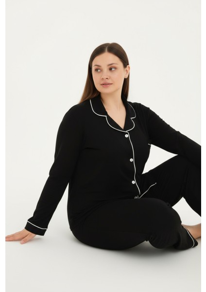Luxury Viscose Siyah Beyaz Biyeli Kadın Uzun Kollu Büyük Beden Pijama Takımı – 42501 fiyatları