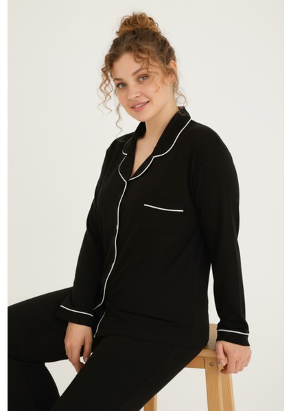Luxury Viscose Siyah Beyaz Biyeli Kadın Uzun Kollu Büyük Beden Pijama Takımı – 42501 fırsatları