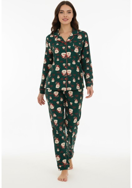 Luxury Soft Yeşil Noel Baba Desenli Uzun Kollu Kadın Pijama Takımı – 3023 fiyatları