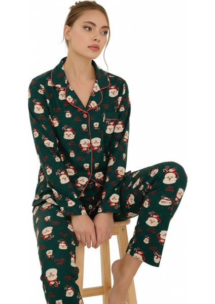 Luxury Soft Yeşil Noel Baba Desenli Uzun Kollu Kadın Pijama Takımı – 3023