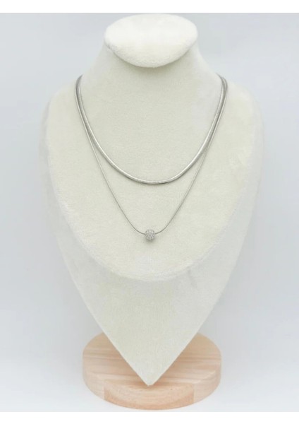 Gümüş Renk 2'li Kombin Paslanmaz Çelik Kolye – Zarif Top Detaylı