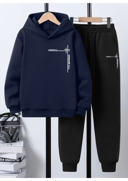 Punıx Kids Özel Üretim Kapüşonlu Conquer All Baskılı %100 Pamuk Trend Erkek Çocuk Kışlık Eşofman Takımı