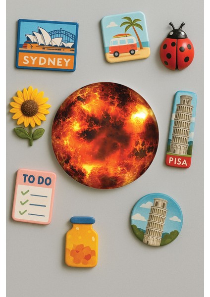 Modern ve Dekoratif Yuvarlak Buzdolabı Magneti Magnet Büyük Boy 10X10 cm - Yanan Gezegen