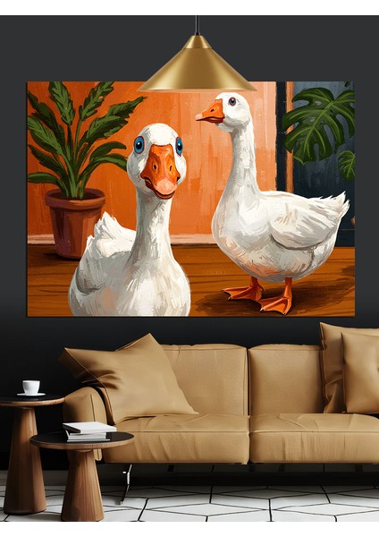 Çift Beyaz Kaz Hayvan Dekoratif Kanvas - Mdf Ahşap Tablo