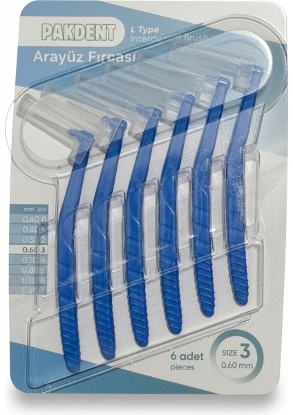 Arayüz Fırçası Diş Arası Arayüz Fırçası L Tipi Diş Ara Fırçası 6 Adet Mavi 0,60 mm fiyatları