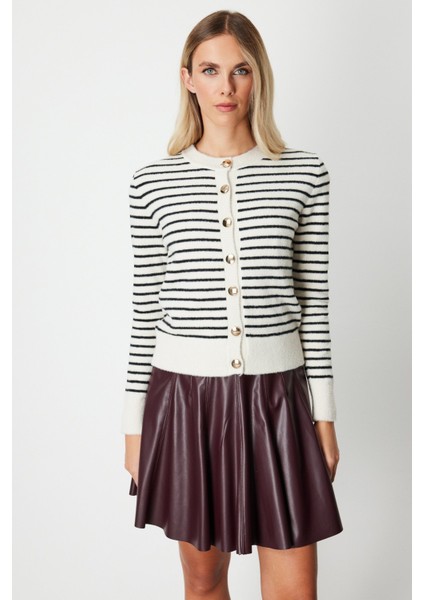 Kadın Sıfır Yaka Çizgili Hırka 63901 Taş