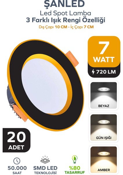 7W 3 Renkli (Beyaz,gün Işığı,ikisi Bir Arada) Beyaz Gold LED Spot Lamba -20 Adettir