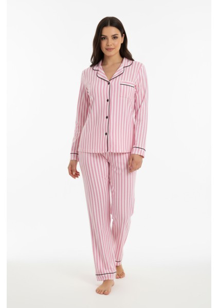 Luxury Soft Pembe Çizgili Uzun Kollu Kadın Pijama Takımı – 3052