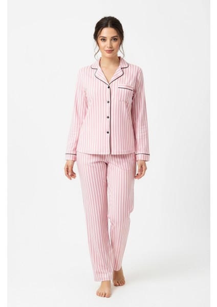Luxury Soft Pembe Çizgili Uzun Kollu Kadın Pijama Takımı – 3052 modelleri