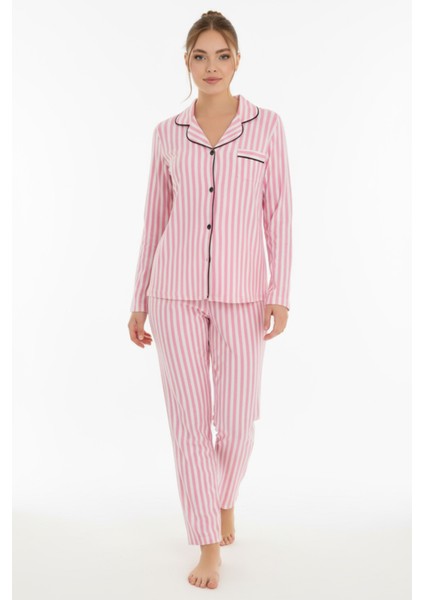 Luxury Soft Pembe Çizgili Uzun Kollu Kadın Pijama Takımı – 3052 fırsatları