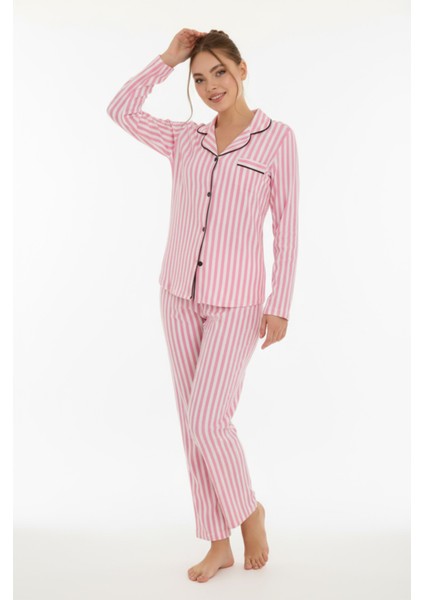 Luxury Soft Pembe Çizgili Uzun Kollu Kadın Pijama Takımı – 3052 indirimleri
