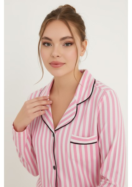 Luxury Soft Pembe Çizgili Uzun Kollu Kadın Pijama Takımı – 3052