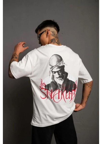 Erkek Oversize Tişört – Beyaz 24/1 Penye Kumaş, Bisiklet Yaka, Ön & Arka Baskılı, Streetwear Tarzı Rahat Büyük Kalıp T-Shirt- Beyaz