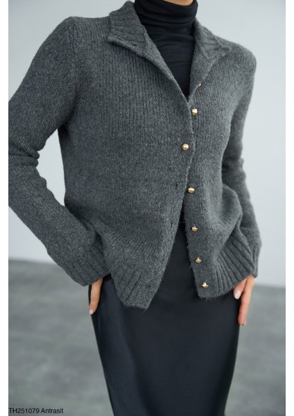 Antrasit Dik Yaka Inci Düğmeli Hırka