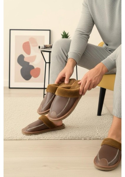 Bets Pofuduk Suni Deri Içi Kürklü Erkek Ev Terliği Ses Yapmaz Taban Misafir Terliği