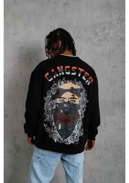 Erkek 3 Iplik Gangster Baskılı Sweatshirt - Siyah fiyatları
