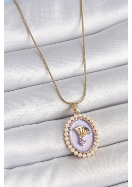 316L Çelik Gold Renk Zincir Mor Mineli Incili Zirkon Taşlı Çiçek Işlemeli Portre Model Kadın Kolye