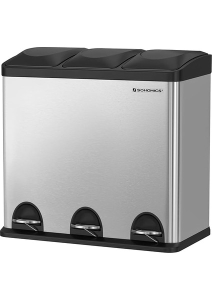 54 Litre Pedallı Mutfak Çöp Kovası, 3 Bölmeli, Iç Kovalar, Atık Ayırma Için 6 Etiket, Atık Ayırma Sistemi, Gümüş-Siyah LTB54L
