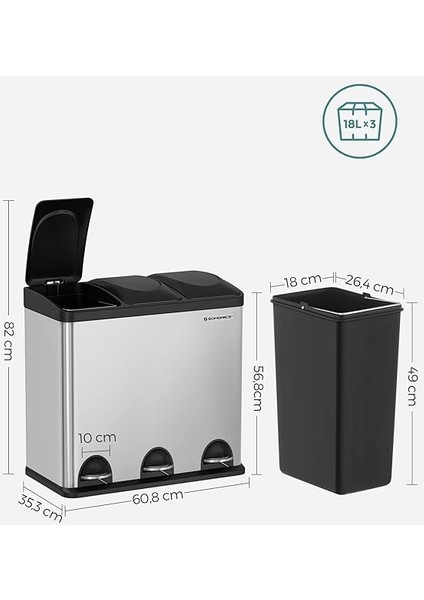 54 Litre Pedallı Mutfak Çöp Kovası, 3 Bölmeli, Iç Kovalar, Atık Ayırma Için 6 Etiket, Atık Ayırma Sistemi, Gümüş-Siyah LTB54L indirimleri