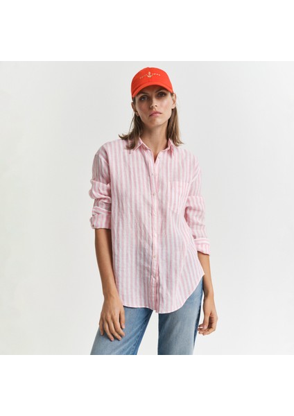 Kadın Pembe Relaxed Fit Klasik Yaka Çizgili Gömlek
