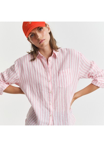 Kadın Pembe Relaxed Fit Klasik Yaka Çizgili Gömlek fiyatları