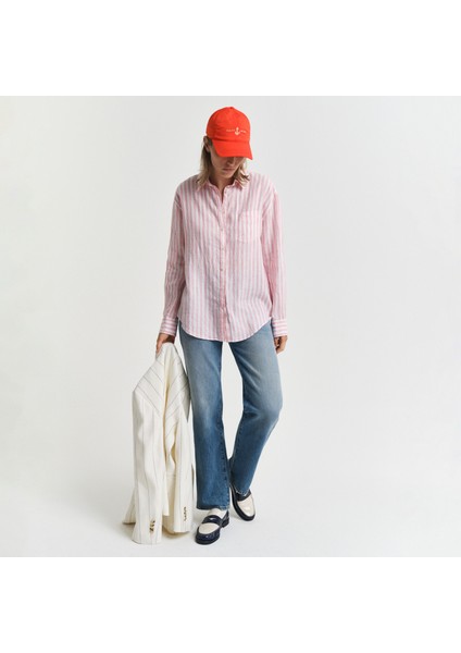 Kadın Pembe Relaxed Fit Klasik Yaka Çizgili Gömlek fırsatları