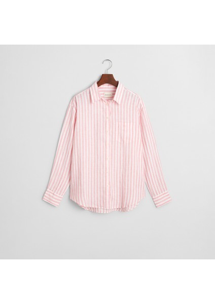 Kadın Pembe Relaxed Fit Klasik Yaka Çizgili Gömlek indirimleri