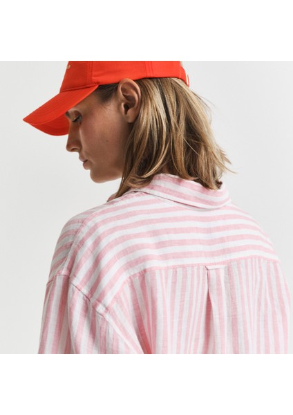 Kadın Pembe Relaxed Fit Klasik Yaka Çizgili Gömlek