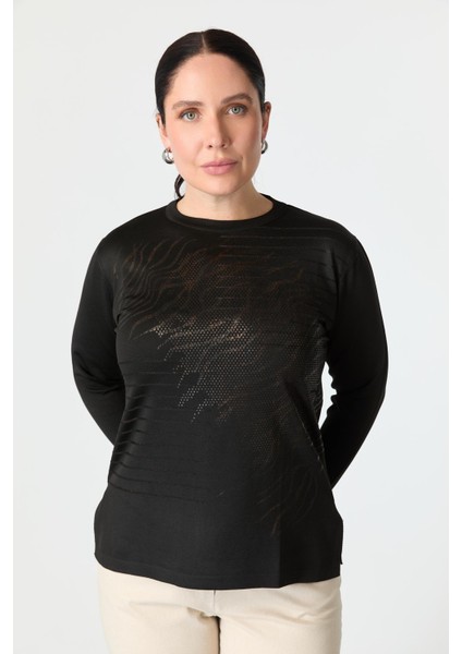 Büyük Beden Baskılı Triko Kazak-Siyah